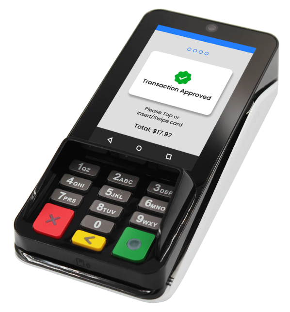 A credit card processing device shows a notification that indicates the transaction has been approved.