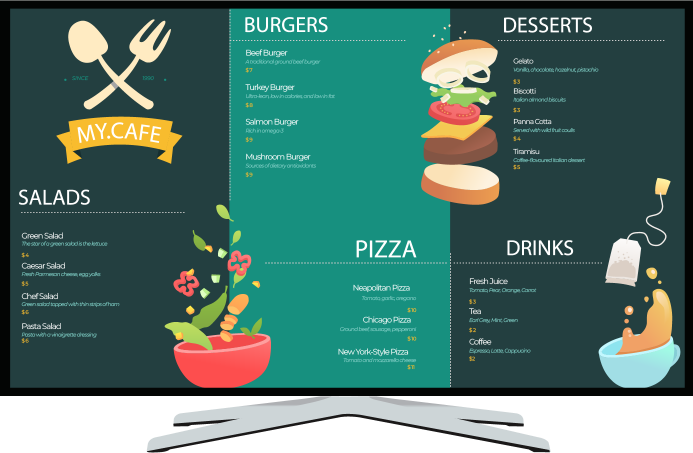 Modisoft digital menu board displaying restaurant menu.