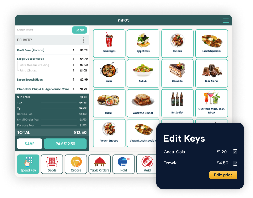 Screen displaying Modisoft full service restaurant mPOS system.