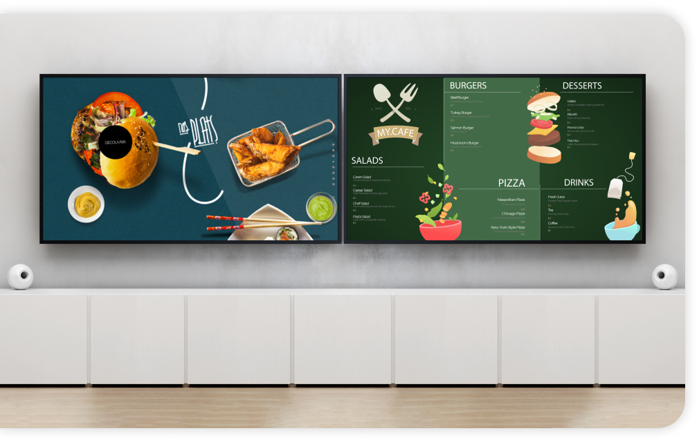 Multiple digital boards are placed on a wall that displays the restaurant logo and menu on the screen.