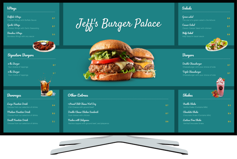 Modisoft digital menu board screen is displaying interactive restaurant menu.