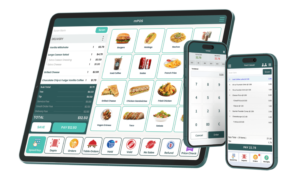 Tablet and mobile screens displaying Modisoft Fast Casual mPOS dashboard.