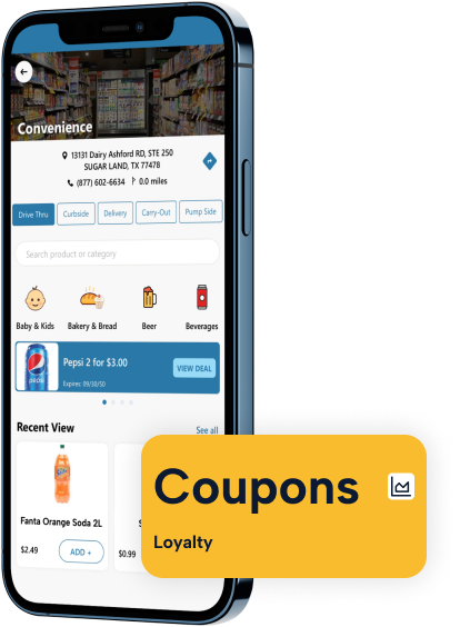 Mobile screen displaying convenience store coupon management feature in Modisoft Cartzie app.