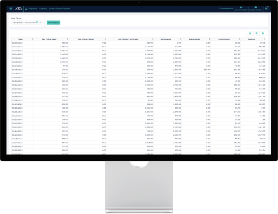 Screen displaying Modisoft lottery management sales data dashboard interface.