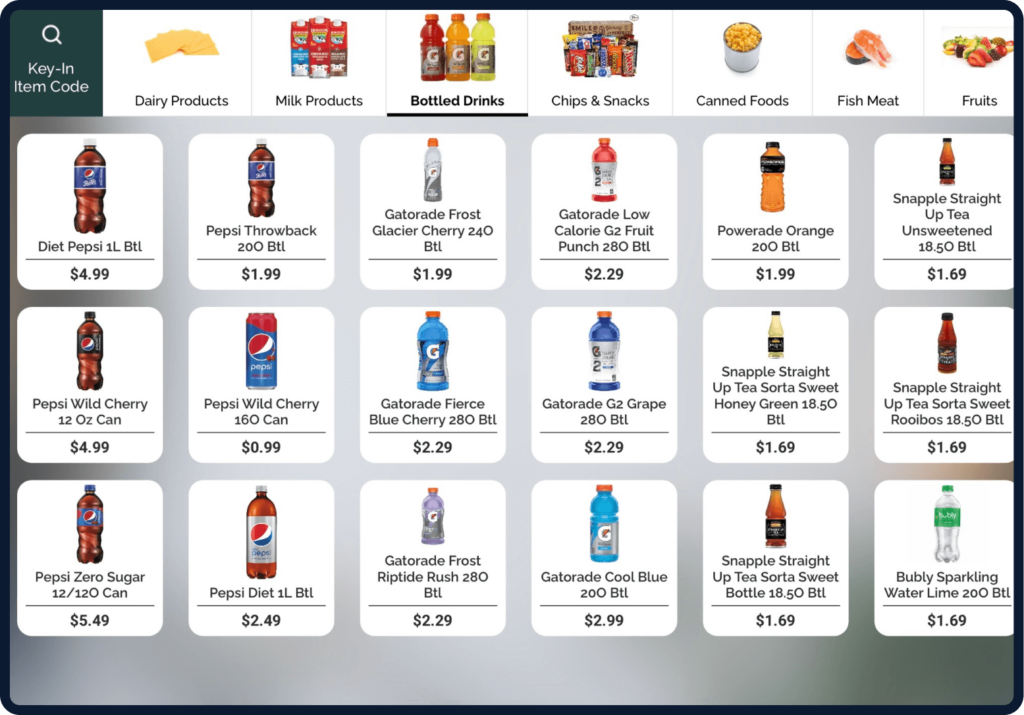 Screen displaying Modisoft self-serve kiosk bottle drinks interface.