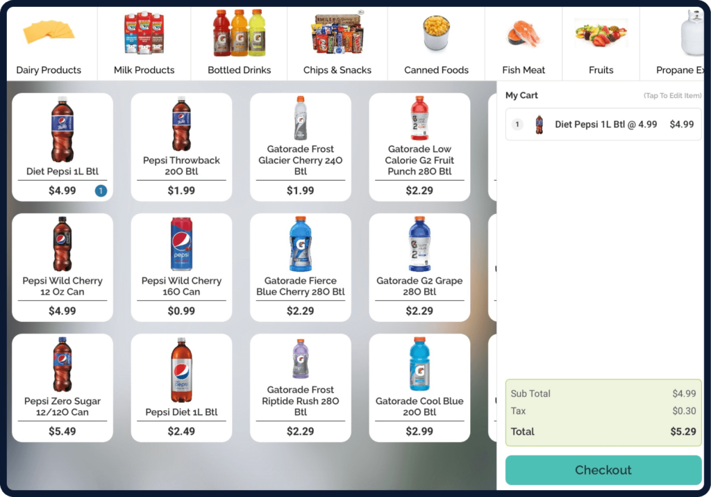 Screen displaying Modisoft product category and checkout interface.