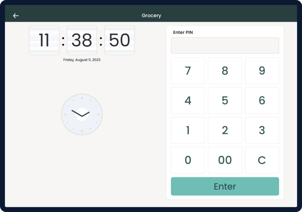 Screen displaying grocery store employee clock-in interface.
