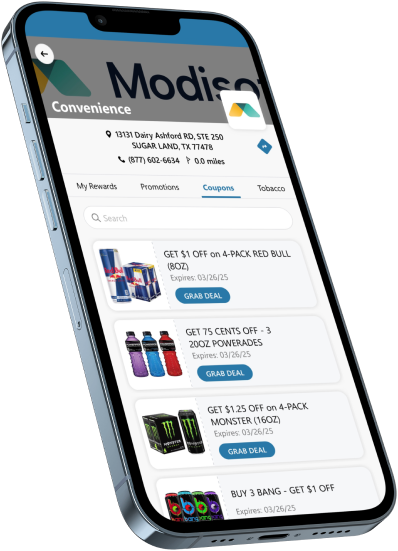 Mobile screen displaying convenience store app interface listed on Modisoft Cartzie.