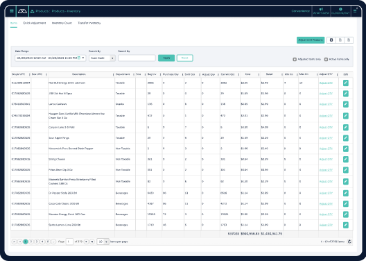 Screen displaying the list of inventory quantities opened in the Modisoft dashboard.