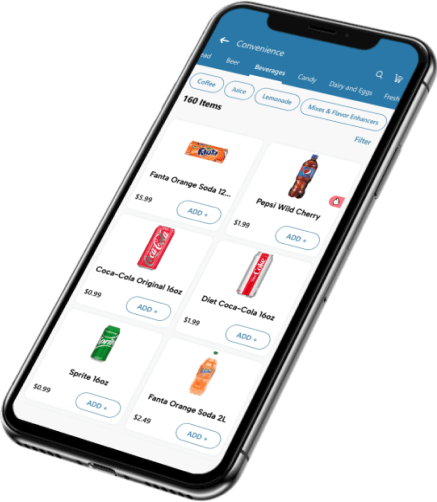 Mobile screen displaying convenience store beverage section dashboard.