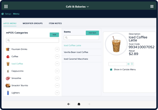 Modisoft cafe and bakeries mPOS menu interface.