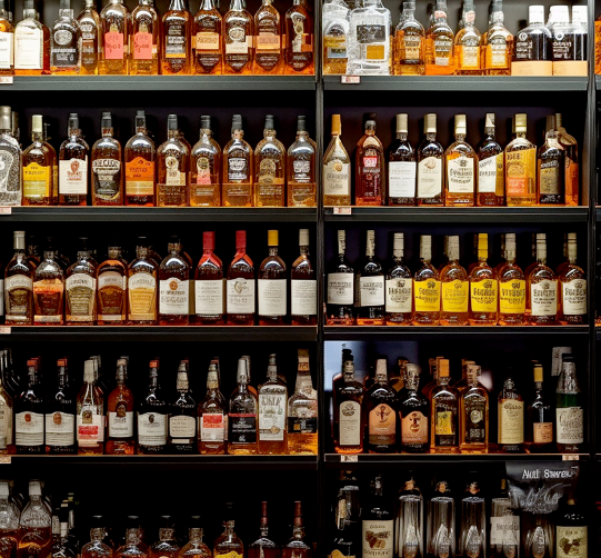 Different types of branded liquor bottles are placed on the rack shelves.