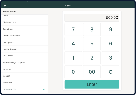 Screen displaying Modisoft smoke shop POS pay in feature interface.