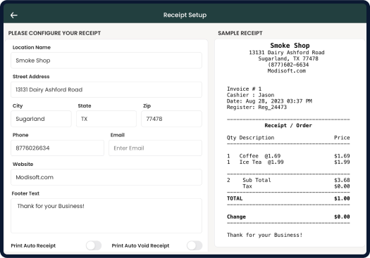 Screen displaying Modisoft receipt setup interface.