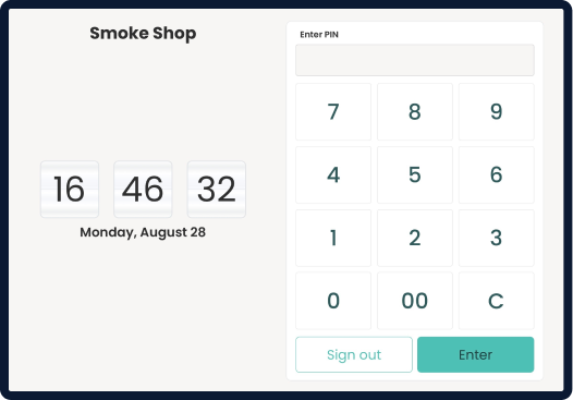 Screen displaying smoke shop employee clock-in interface.