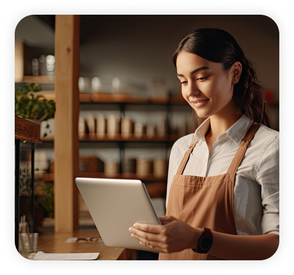 A female cafe owner is using Modisoft employee tips management software on a tablet.