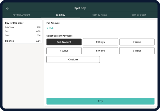 Screen displaying Modisoft table management split payment page interface.