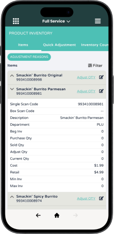 Mobile screen displaying Full Service restaurant POS app.