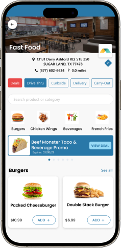 Screen displaying the fast food restaurant page opened in the Modisoft Cartzie app.
