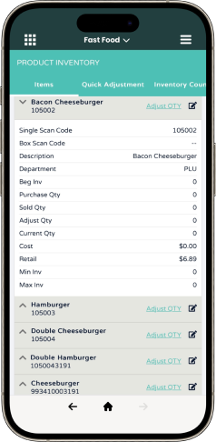 Mobile screen displaying Modisoft fast food product inventory app interface.