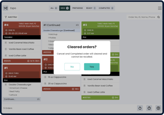 Screen displaying cleared order window in KDS system interface.
