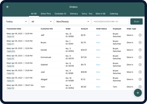 Screen displaying orders page interface.