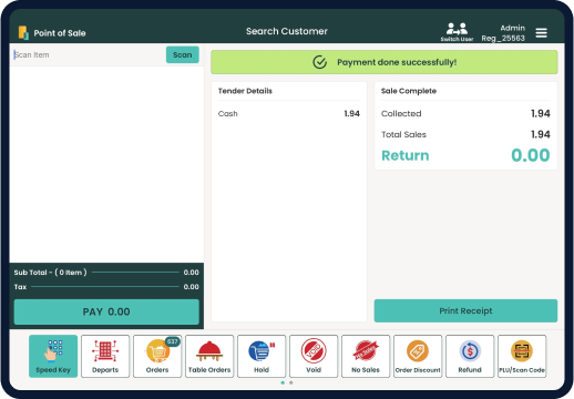 Screen displaying Modisoft point of sale payment dashboard.