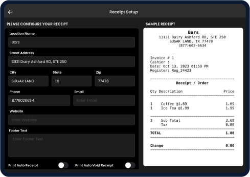 Screen displaying Modisoft receipt setup interface.
