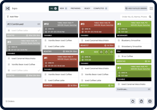 Screen displaying Modisoft KDS system kitchen management interface.