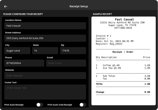 Screen displaying receipt setup interface.