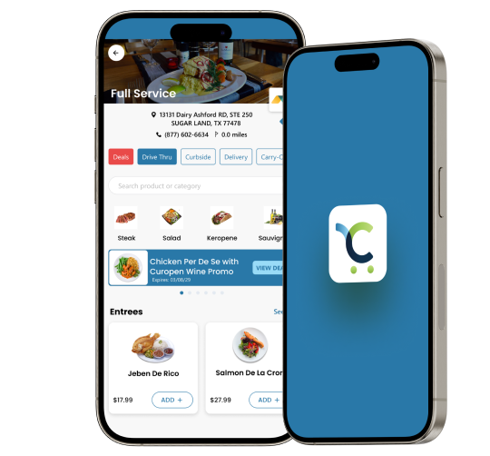 Two mobile screens, one displaying the Cartzie logo, and the other one displaying the interface of the full service restaurant listed in the Cartzie app.