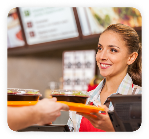 A female employee is giving the order to the customer.