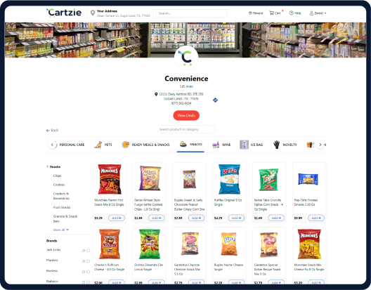Screen displaying convenience store page opened in Modisoft Cartzie.