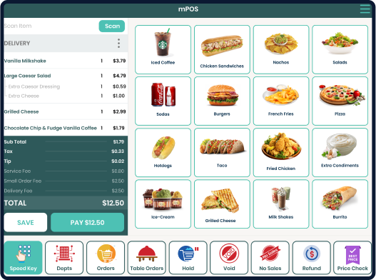 Screen displaying Modisoft fast food mPOS dashboard.