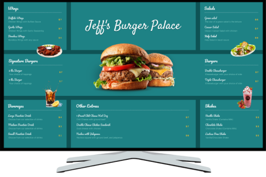 Modisoft digital menu board screen displays an interactive restaurant menu.