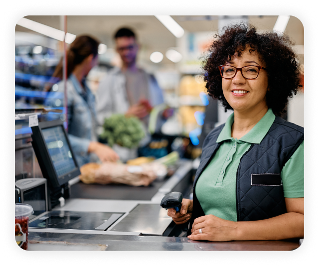 smiling image of a grocery store cashier