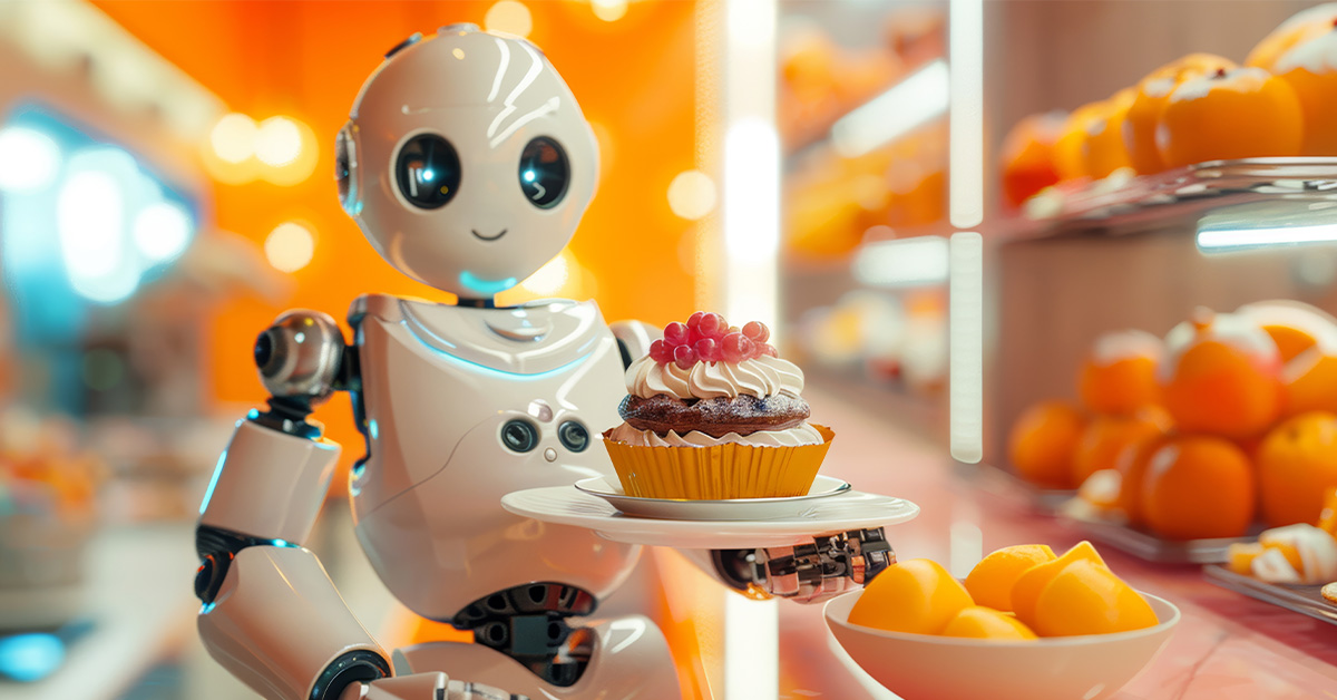 AI generated image of a robot holding a cupcake