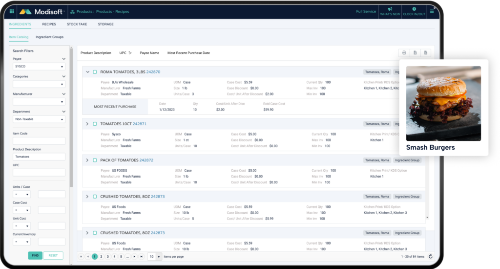 Modisoft products and recipe management screen