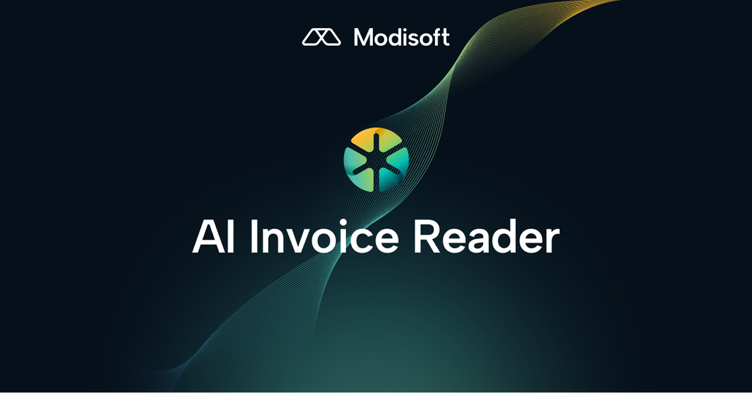 Modisoft AI Invoice Reader promotional graphic featuring an AI-powered invoice processing icon on a dark background with abstract wave design.