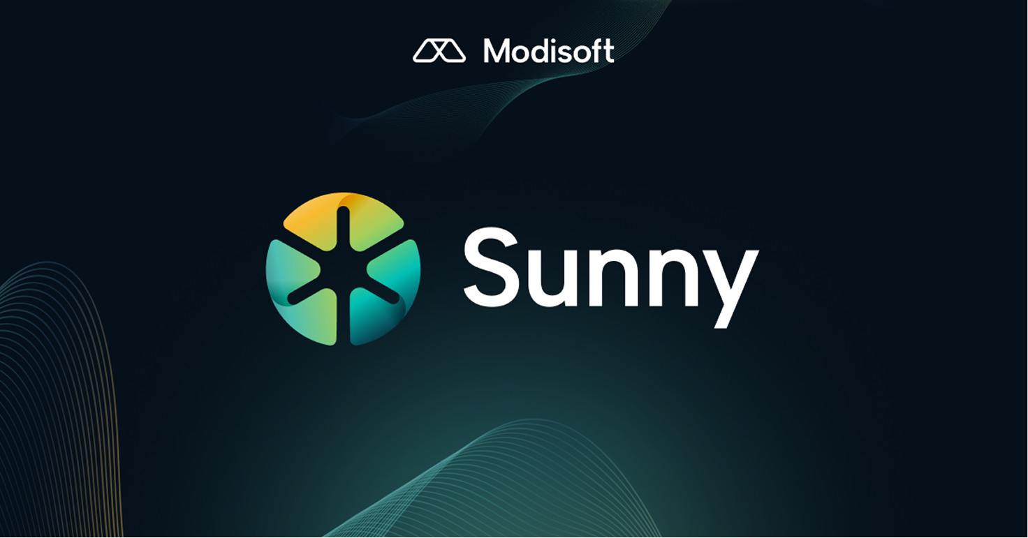 Modisoft Sunny AI assistant promotional graphic featuring a colorful AI icon on a dark gradient background with abstract wave elements.