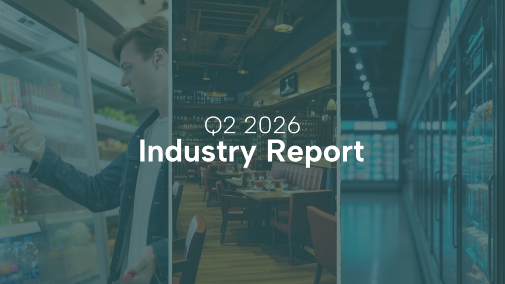 Q2 2026 industry report cover featuring grocery retail, restaurant dining, and refrigerated display environments.