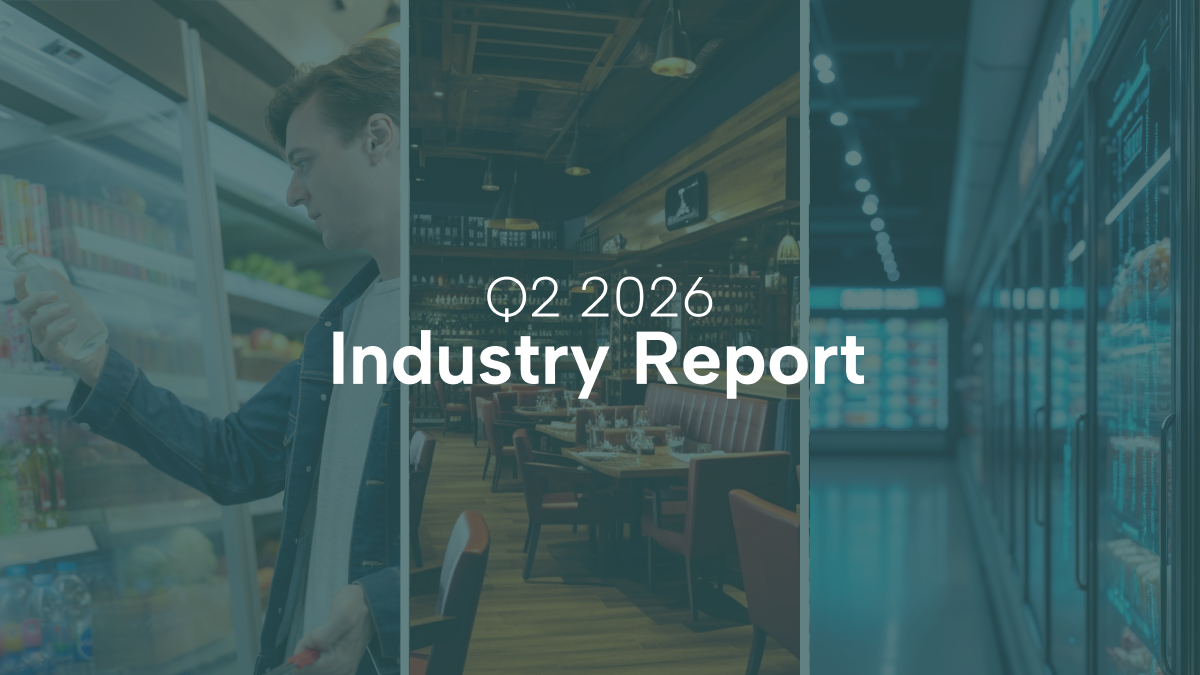Q2 2026 industry report cover featuring grocery retail, restaurant dining, and refrigerated display environments.