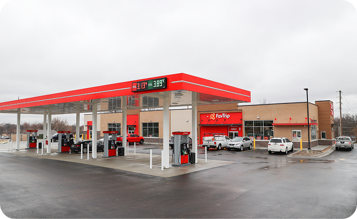 FavTrip gas station and convenience store location featuring fuel pumps, canopy signage, and retail storefront.