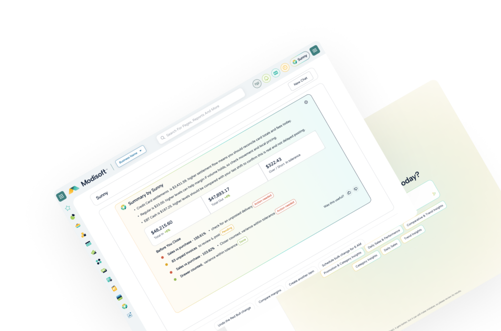 AI Summary dashboard presenting key business updates, performance highlights, actionable metrics, and generated insights within a centralized reporting interface.