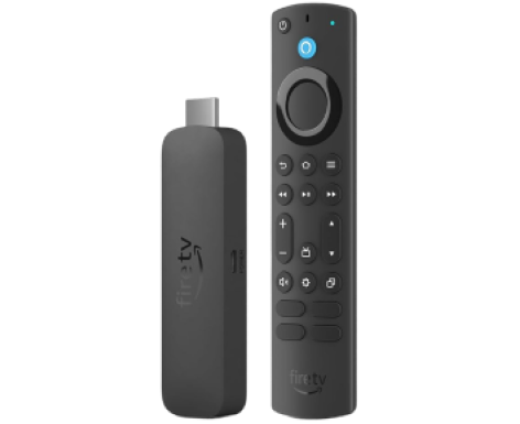 Amazon Fire TV Stick streaming device with voice remote, featuring navigation controls, shortcut buttons, and compact HDMI media player