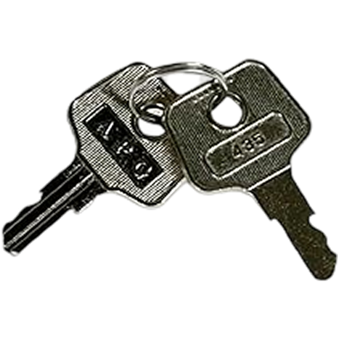 Two silver metal keys connected by a key ring, designed to lock and unlock compatible point-ofsale cash drawers.