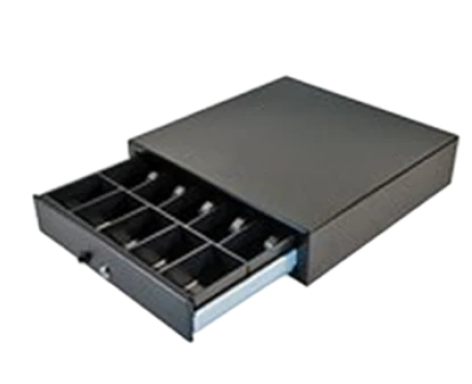Black cash drawer shown partially open with removable coin and bill compartments, designed for secure cash management at checkout.