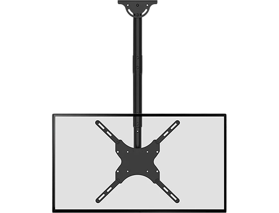 Black ceiling-mounted display bracket with adjustable mounting arms, designed to suspend a kitchen display screen above workstations.