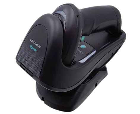 Wireless barcode scanner resting on a charging cradle, designed for efficient product scanning, inventory management, and retail operations.