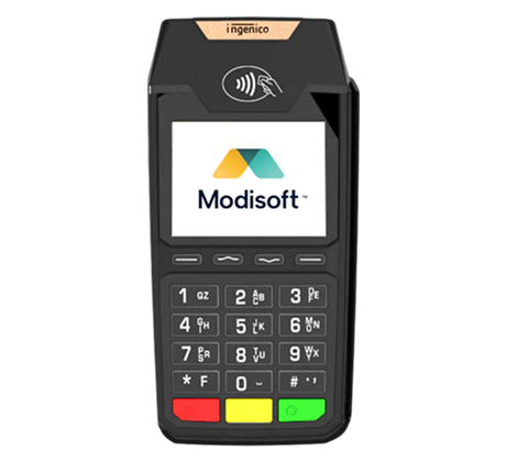 Countertop payment terminal featuring a touchscreen display, physical keypad, contactless payment, capability, and secure card transaction processing.
